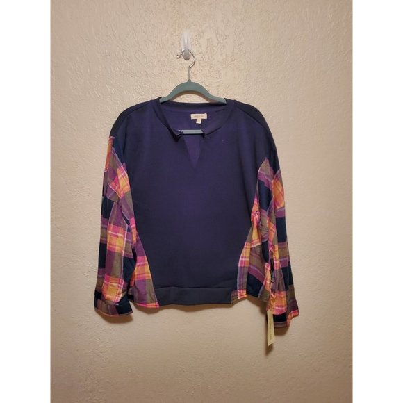 paper+tee Womens plus Sz 2x crop sweatshirt colorblock/Plaid pockets - Picture 1 of 4